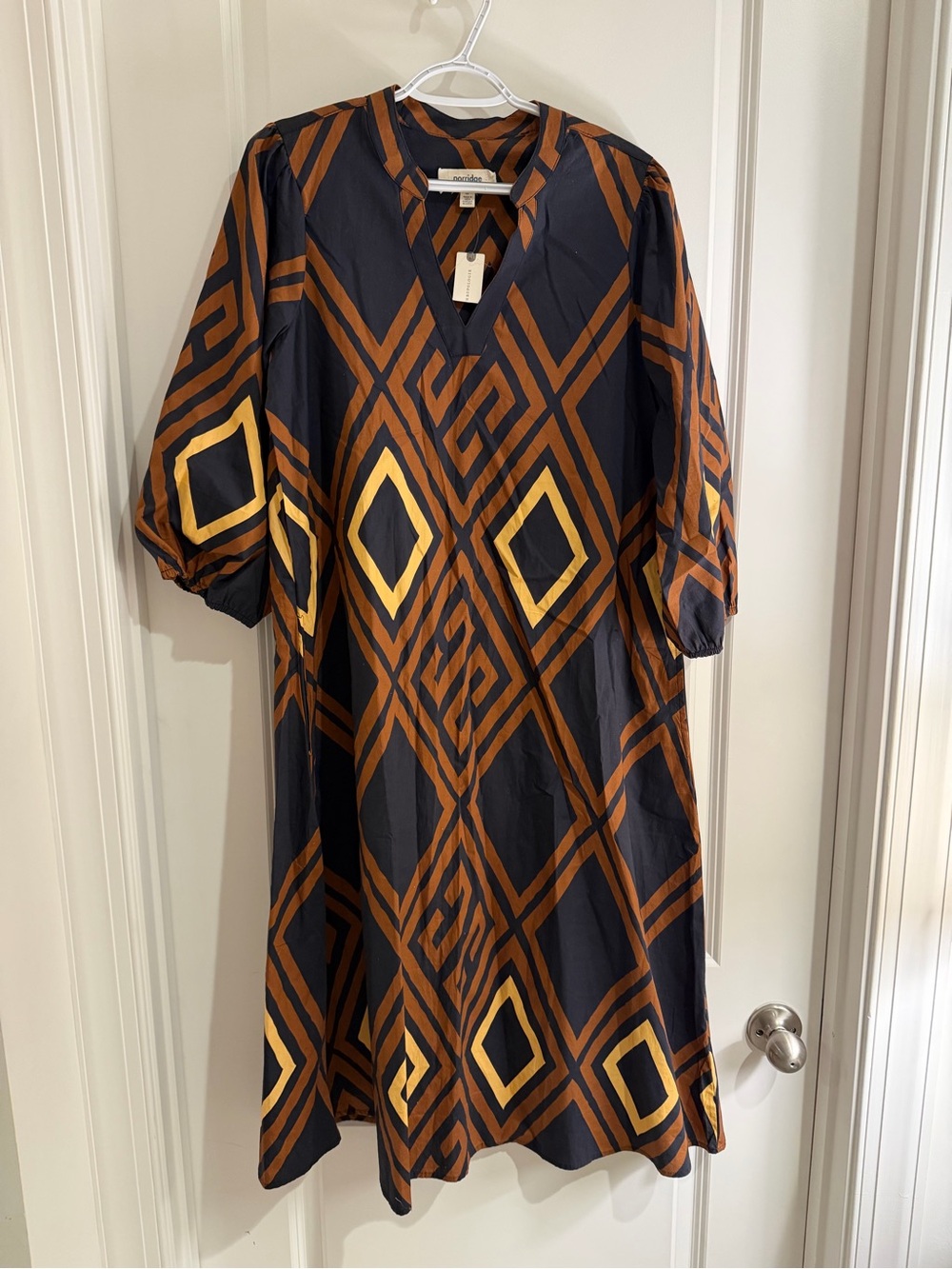 Anthropologie Black, Brown & Gold Geometric V-Neck Midi Dress